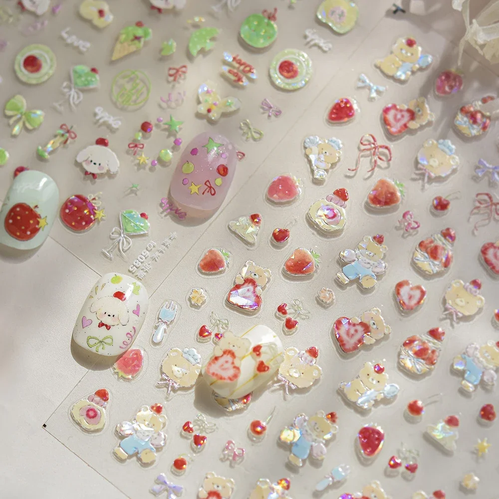 Bottle Milk Fruit Juice Beverage Lovely Rabbit Strawberry Peach Banana Bowknot 5D Nail Art Sticker Self Adhesive Manicure Decal