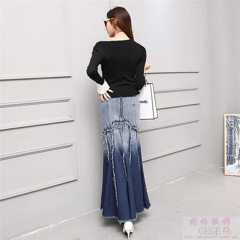 Free Shipping 2022 New Fashion Long Maxi Denim Jeans Skirts For Women S-L Mermaid Style Skirts With Tassels Spring Autumn