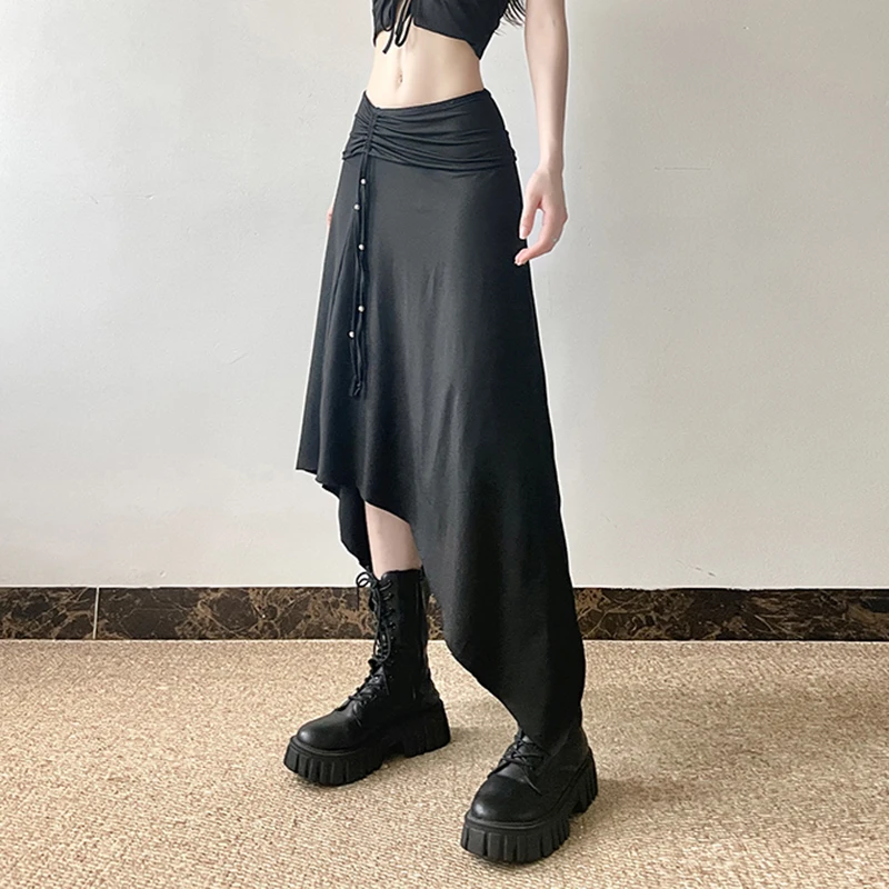 Darlingaga Gothic Dark Harajuku Asymmetrical Maxi Skirt Beading Drawstring Folds Autumn Women Skirts Long Korean Party Clothing