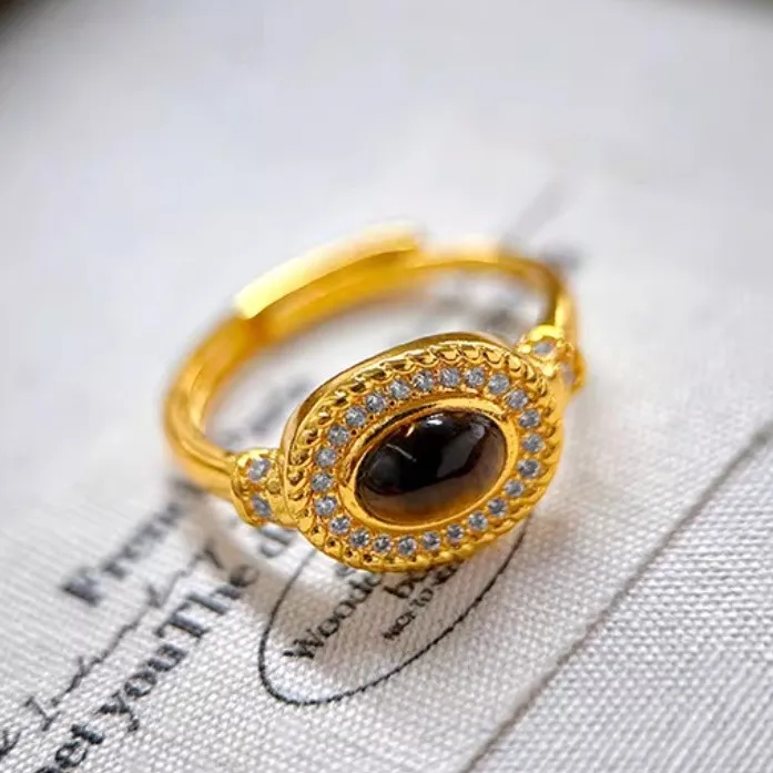 Luxury 24K 9999 Pure Gold real gold Gold shop with egg-shaped gemstone ring for women