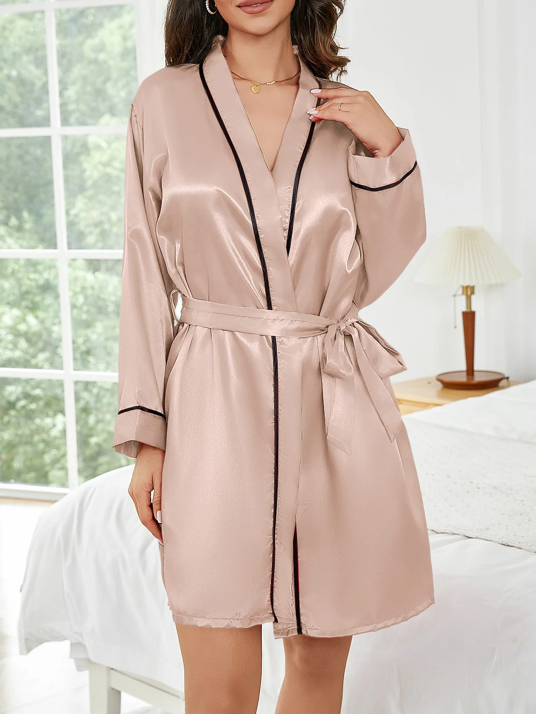 Reine Farbe Kurze Robe Frauen Sommer Dünne Hause Nachtwäsche Casual Bademantel Mode Vielseitig – Detail 10