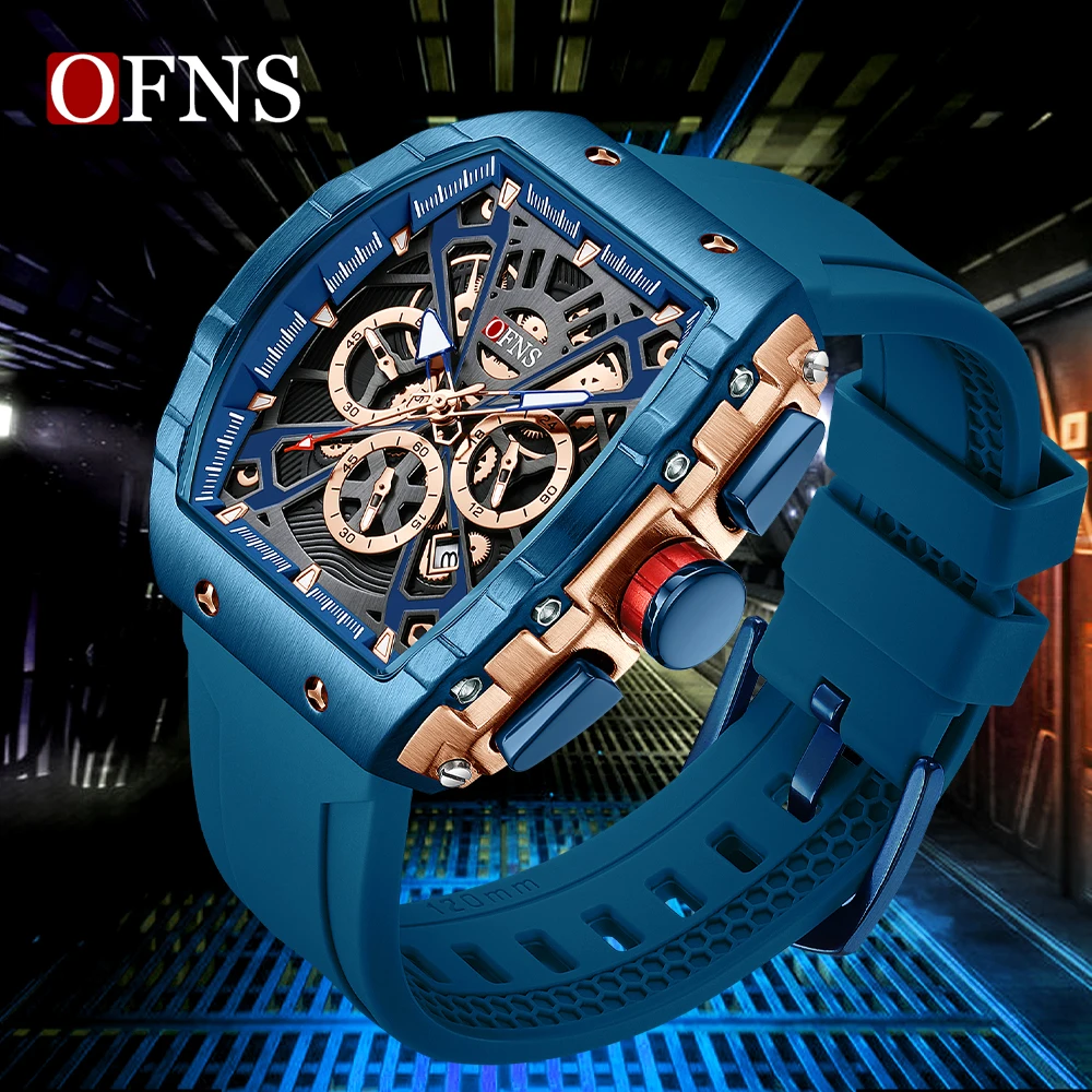 OFNS 8030 Fashion Men's Quartz Watch Wine Barrel Type Three Eye Six Needle Multifunctional Quartz Watch Calendar Men's Watch