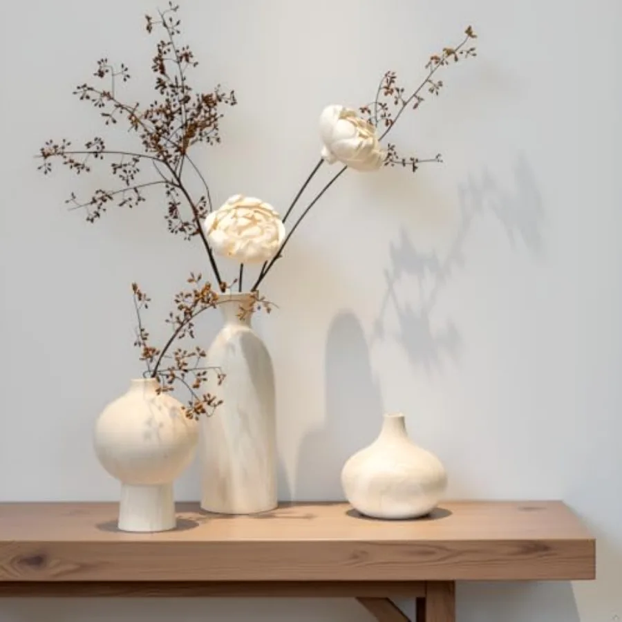 

White Ceramic Vase Set of 3 in Beige, Modern Aesthetic Stone-Look Textured Pottery Vases for Shelf and Bookshelf Home Decor, Ne