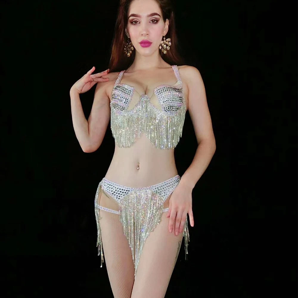 

Spaghetti Strap Women Shining Rhinestones Chain Tassel Bikini Nightclub DJ Clothing Pole Dance Perform Stage Costumes