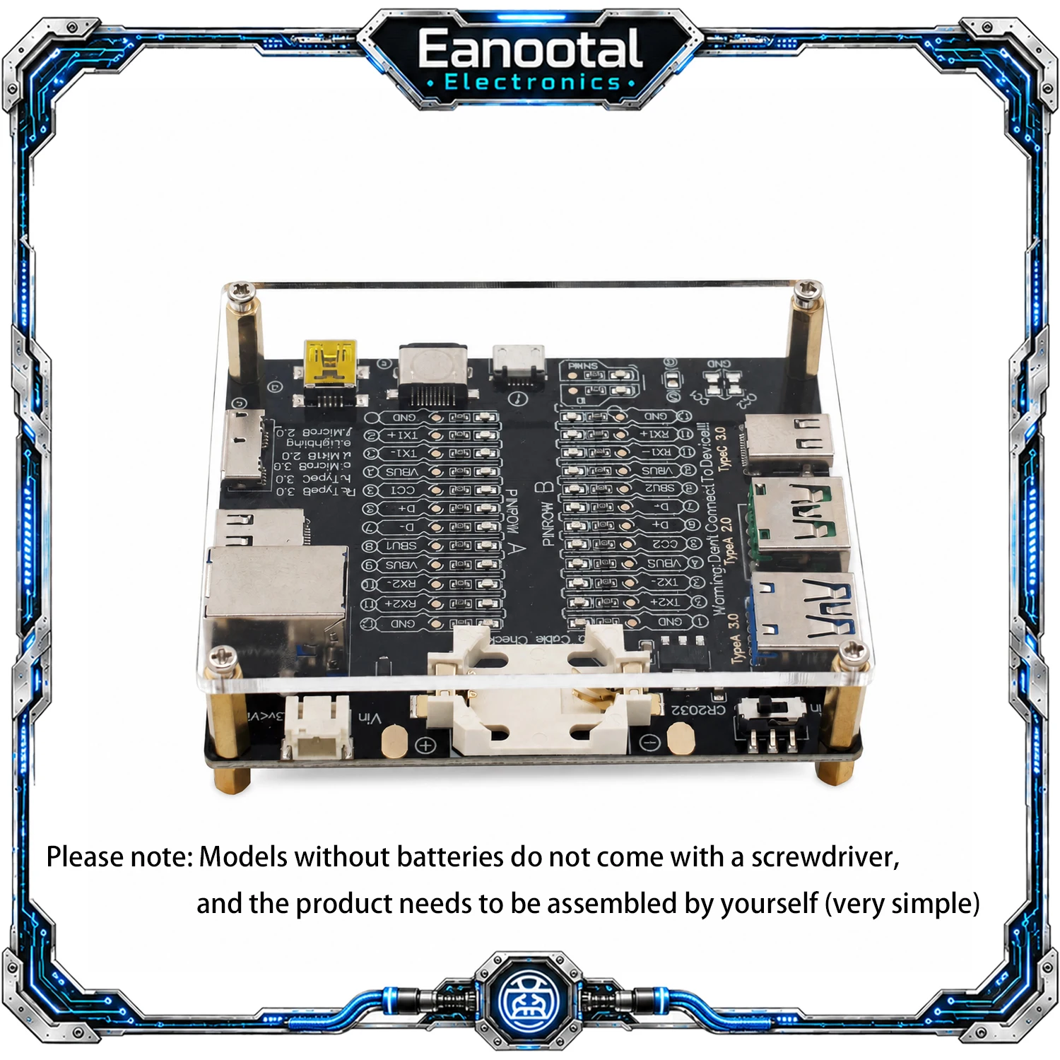 USB Cable Anomaly Detection Tester Board, Type-C Type-B Micro Mini Lightning Data Wire Checker with 24 LED and Battery Options