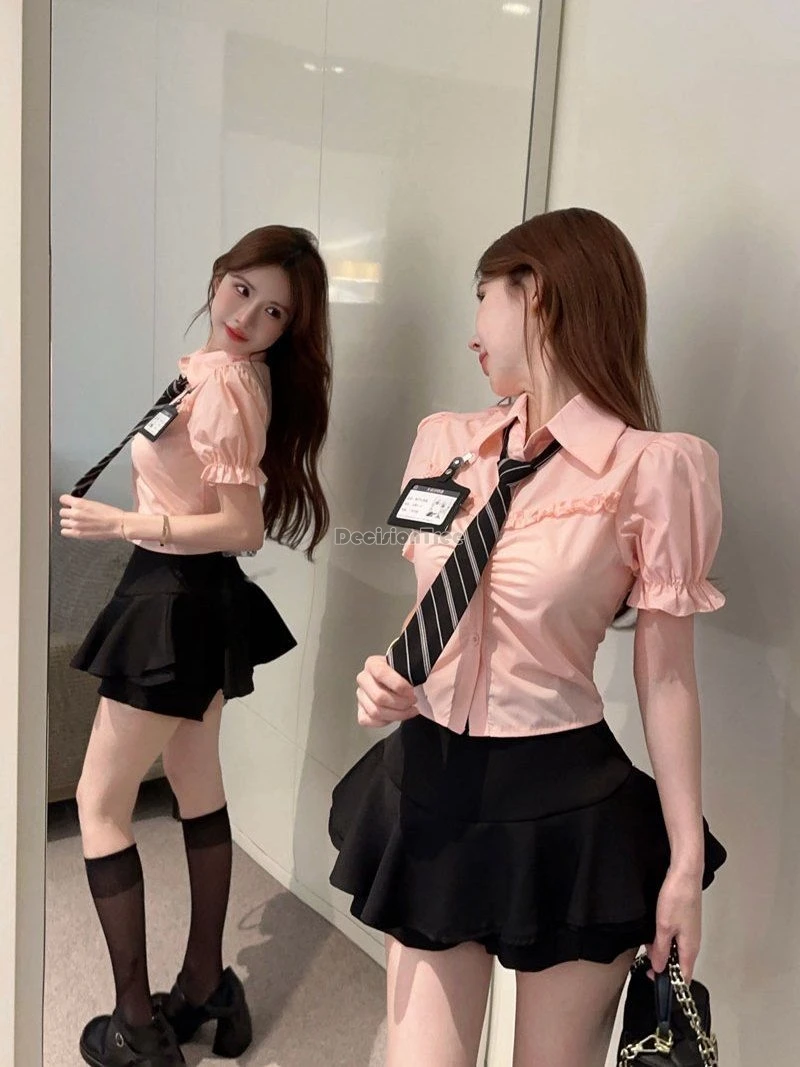 2025, koreanisches rosa Hemd mit Puffärmeln im japanischen Stil, kurzes Oberteil mit geraffter Taille, hoch taillierter Puffrock, JK-Set im Schuluniform-Stil