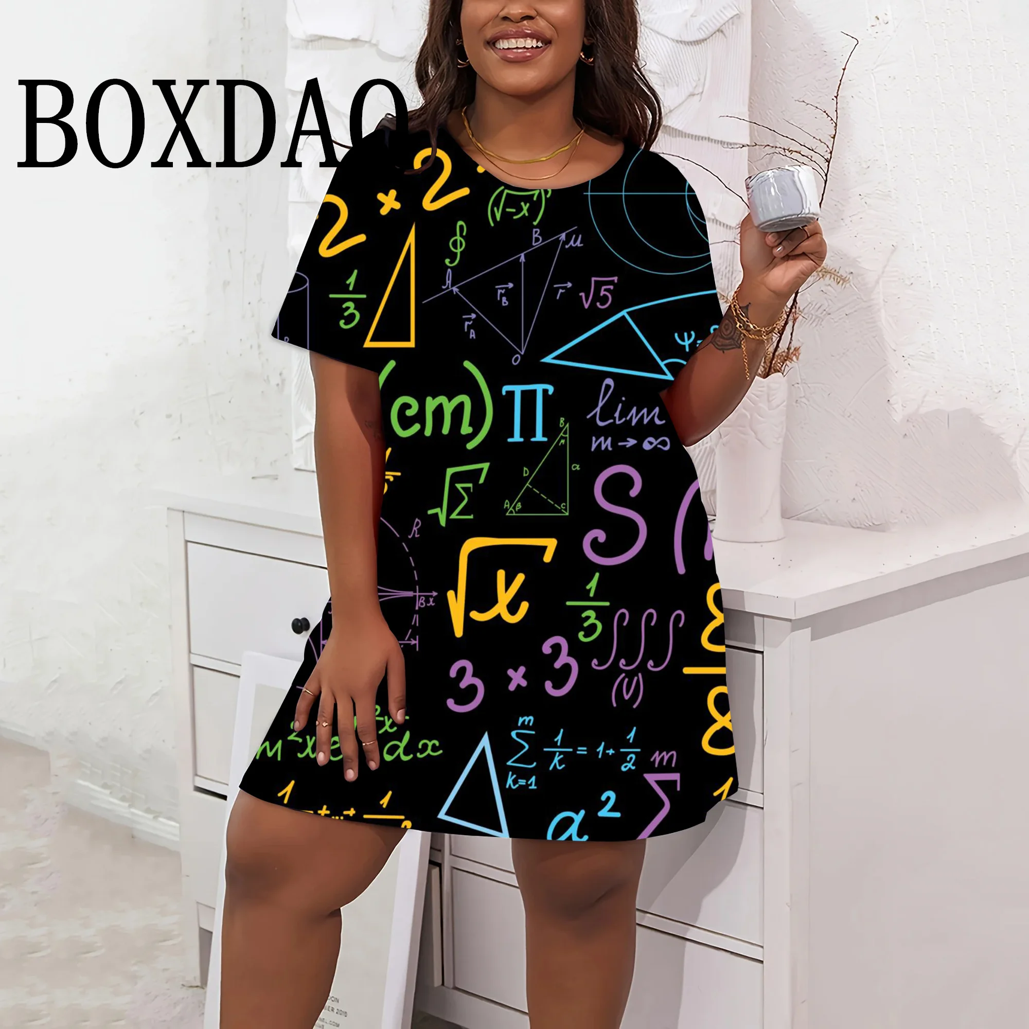 Figure Mathematical Formula Dresses For Women Plus Size Clothes Summer Fashion Short Sleeve Loose Streetwear Casual Short Dress