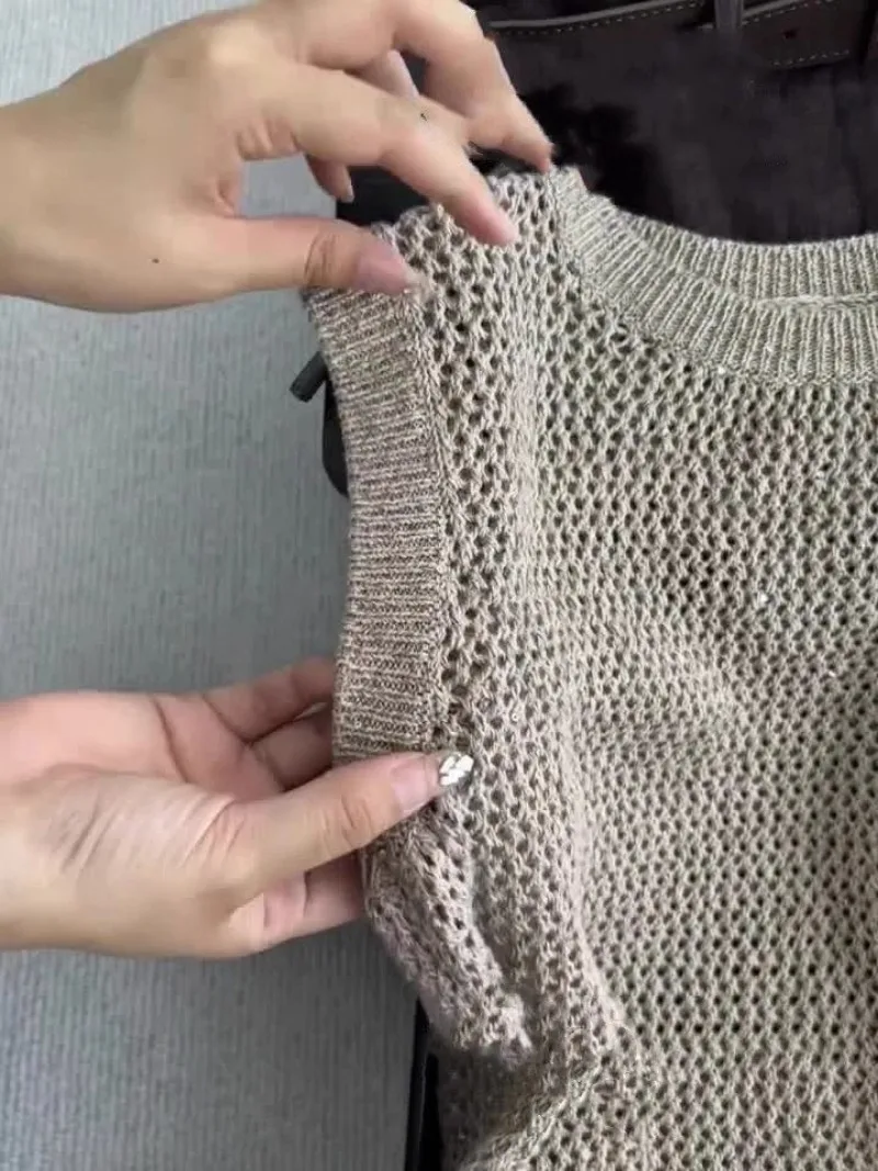 Neue Sommer Design frauen Zwei Stück Set Mode Aushöhlen Oansatz Gestrickte Weste Top + Kaffee Farbe Split Midi Rock casual Sets