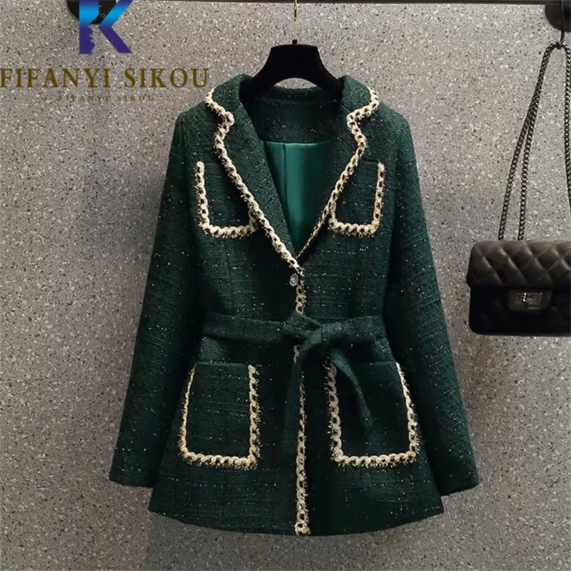 Autumn Winter Women Tweed Blazer Jacket Designer Fashion Pocket Spliced Slim Green Suit Jacket Lady Elegant Formal Blazers Coat