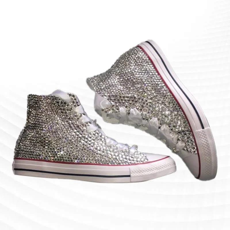 High-top canvas shoes ribbon stitching rhinestone walking comfortable sneakers handmade rhinestone vulcanized shoes 35-46