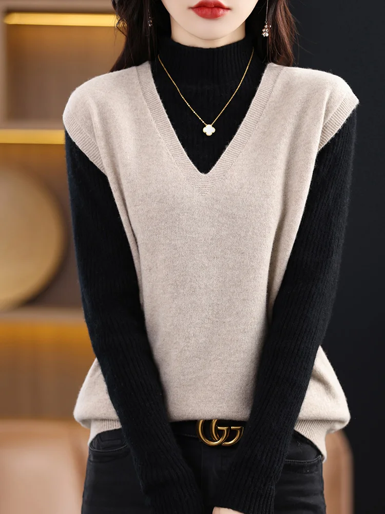 V-neck 100% Merino Wool Pullover Sweater Vest Women Autumn Winter Soild Sleeveless Thickened Versatile Cashmere Knited Waistcoat
