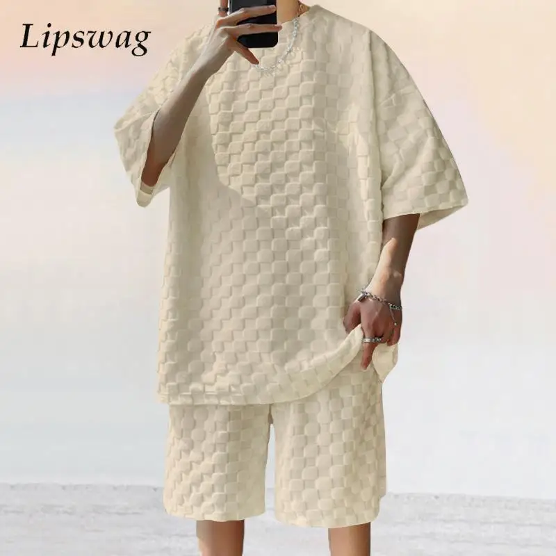 

2024 Spring Summer Casual Two Piece Set Male Short Sleeve O Neck Cotton T Shirt And Shorts Beach Suits Men Fashion Plaid Outfits