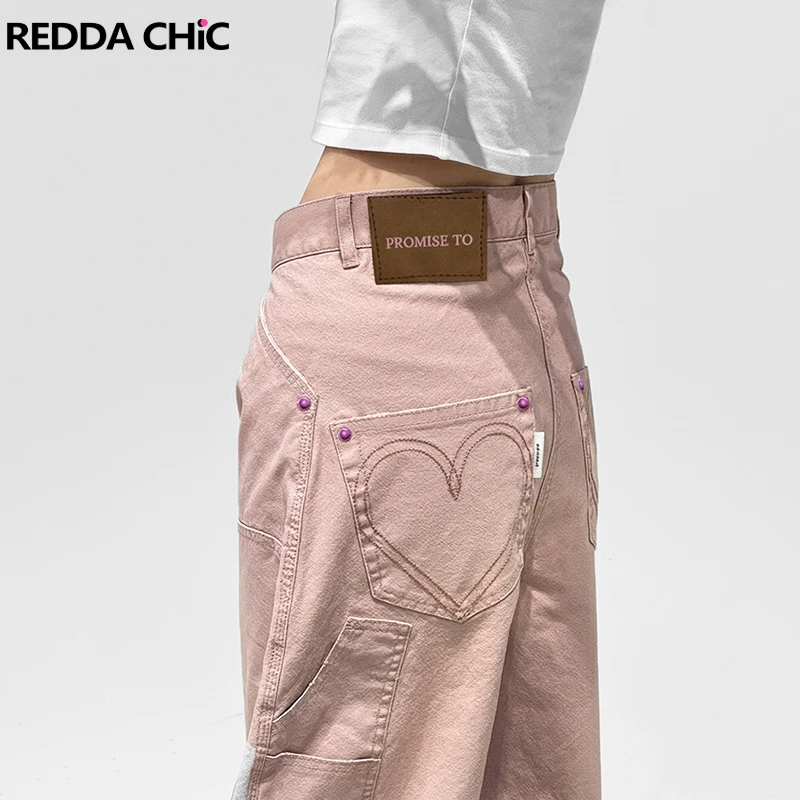 

Женские розовые джинсы REDDACHiC с вышивкой в виде сердца, милые, с эффектом потертости, свободного кроя, с высокой талией, фасон «морковки», широкие джинсовые брюки в стиле Y2K, уличная мода