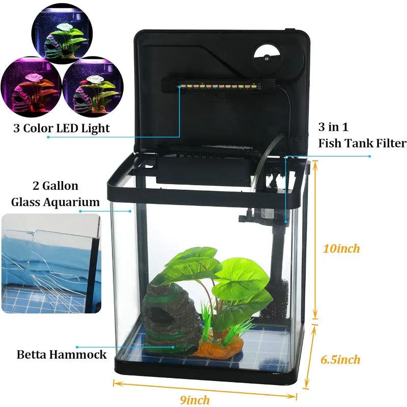 Fish Tank Self Cleaning Glass 2 Gallon Small Nano Aquarium Starter Kits Desktop Room Decor w/LED Light Decorations