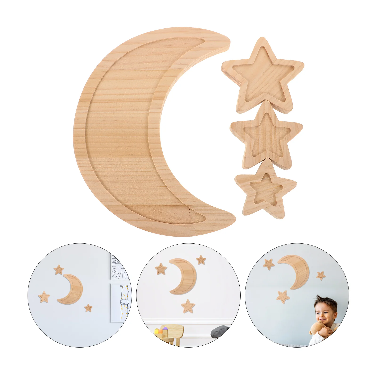 

4pcs Wooden Moon Star Wall Decor For Kids Room Boho Nursery Bedroom Baby Shower Decoration Rainbow Art Hangings Sign