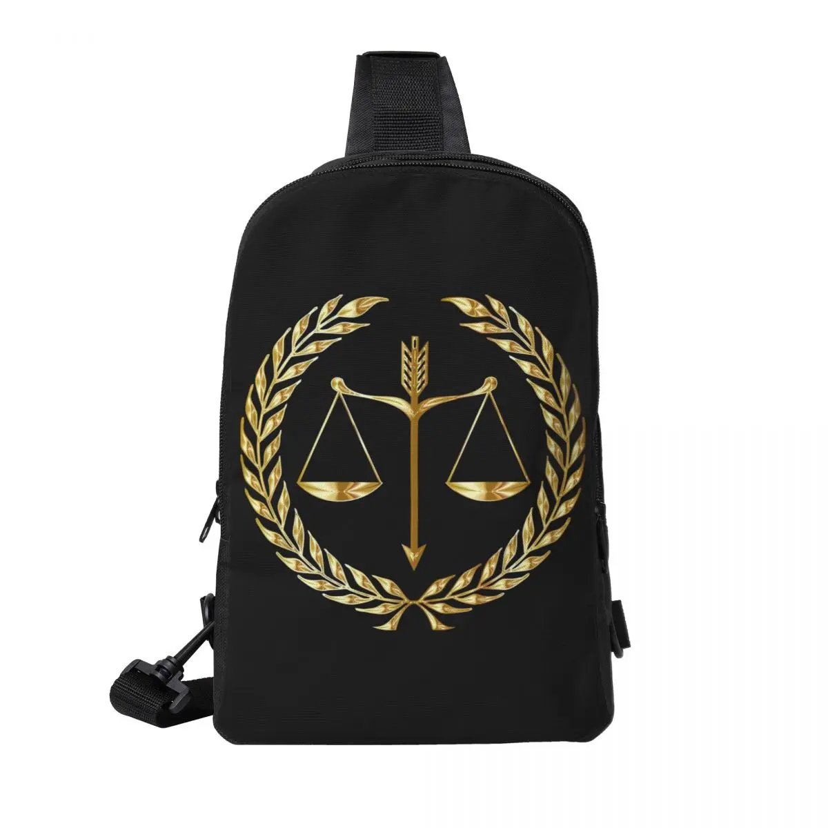 

Gold Scales Of Justice Law Logo Lawyer Legal Party Chest Bag Men Sling Crossbody Backpack Chest Bag Hiking Daypack Shoulder Bag
