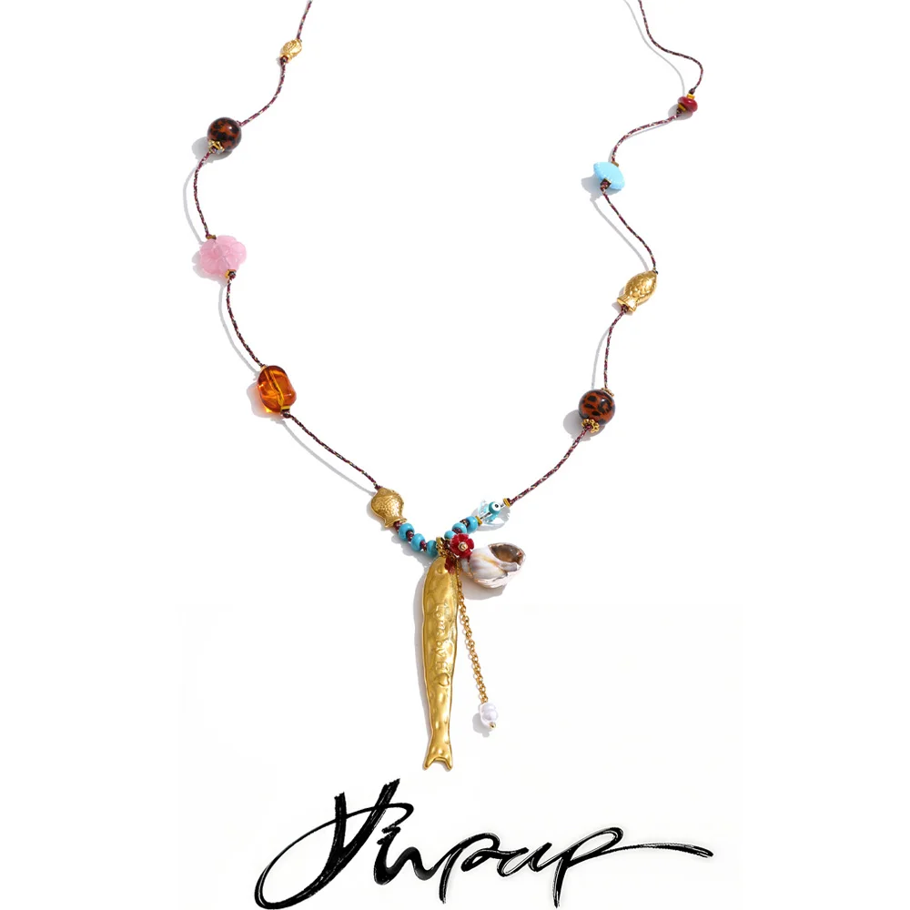 Yhpup Ocean Series Resin Chain Fish Conch Drop Charm Necklace for Women Stainless Steel Summer Exclusive Stylish Jewelry