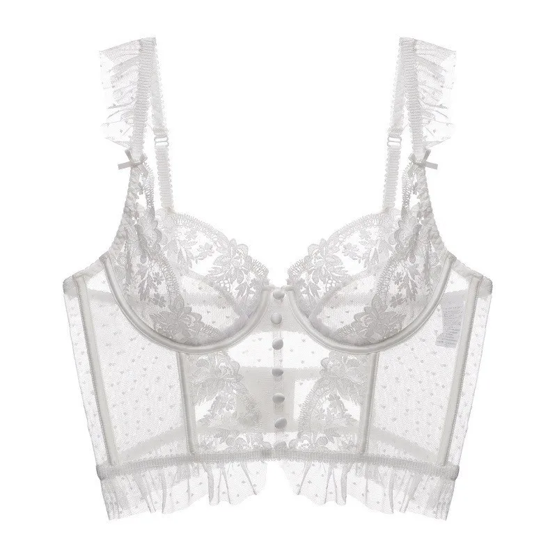 

French Underwear Sexy Ultra Slim Big Chest Show Small-Large Size Underwear Anti-Sagging Fishbone Corset Embroidered Lace Bra