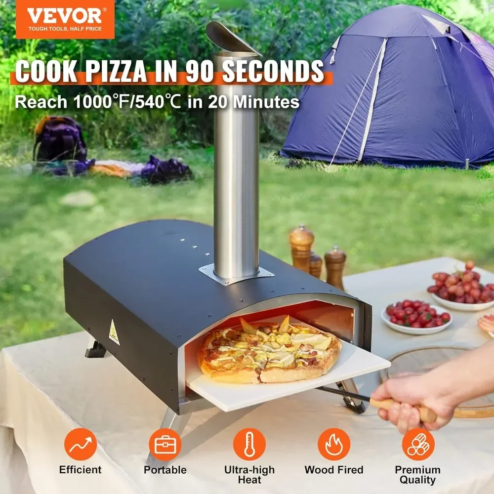 Wood Pellet and Charcoal Fired Pizza Maker, Portable Outside Stainless Steel Pizza Grill with Pizza Stone 12-inch