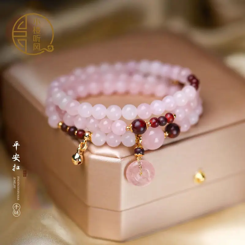 Pink Crystal Bracelet Three Circles Chinese Spring  Summer Ping An Buckle Beaded Peach Blossom Hand String Sweet Girlfriend Gift