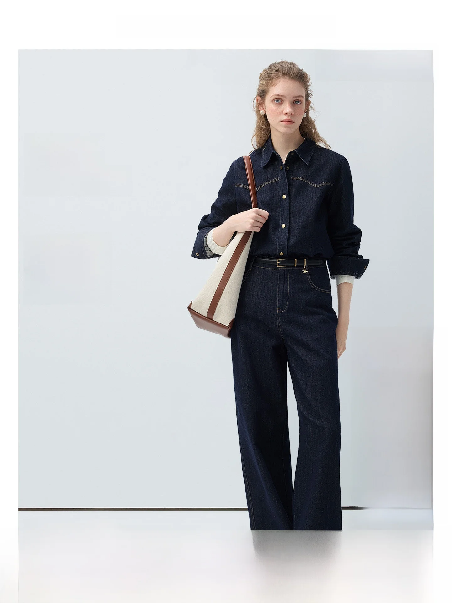 

Vega Chang Women's Denim Set Korean Style Spring Fashionable Long Sleeve Button up Straight Leg Jeans Casual Commute Wind
