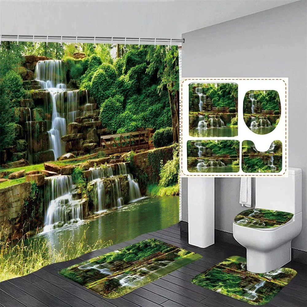 Waterfall Shower Curtain Set Green Plants Lake Park Nature Landscape Home Bathroom Decor Non Slip Rug Bath Mats Toilet Lid Cover