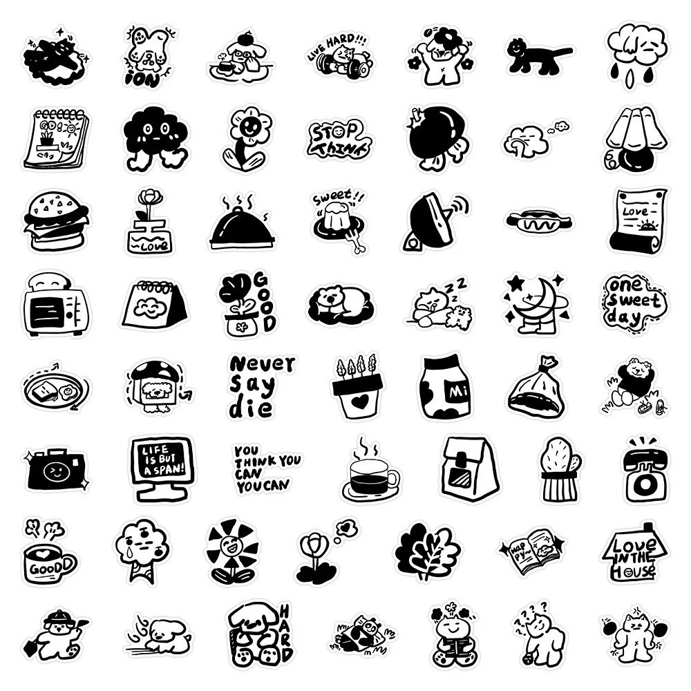 10/30/60pcs Black White Simple Cartoon Stickers Korean Style Cute Decals DIY Scrapbook Phone Suitcase Laptop Fridge Graffiti Toy