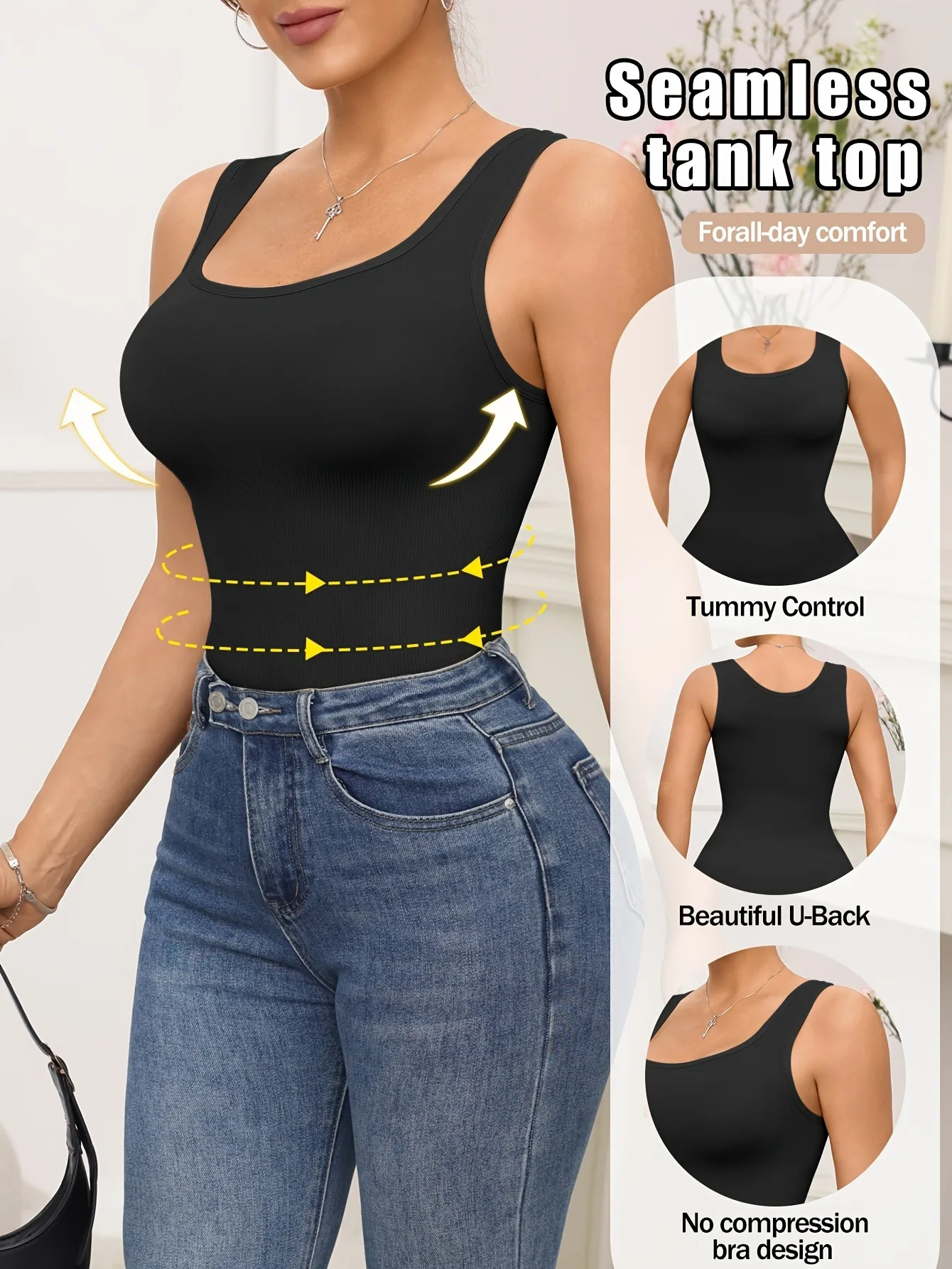 1 Pack Women's High Waisted Seamless Shaping Tank Top, Solid Color Elegant Style, Soft Knit Fabric with Ribbed Texture, Lightwei