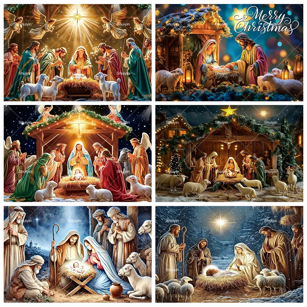 

Birth Of Jesus Photography Backdrop Christmas Nativity Scene Angels Shepherds in Sheepfold Xmas Party Decor Banner Studio Props