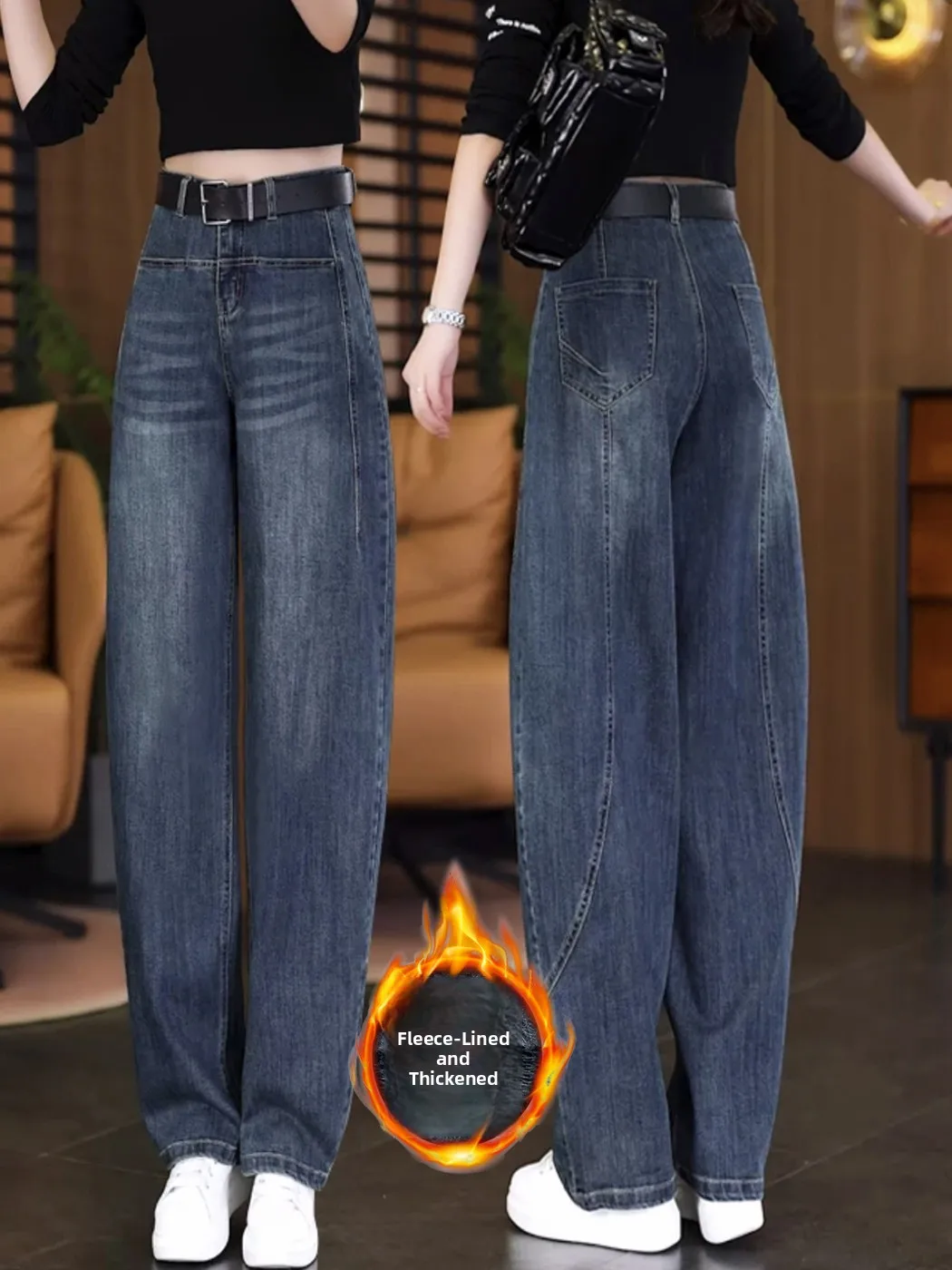 

Faionable Fce Lined Curvy Knife Джинсы с высокой талией Прямые брюки Теплые брюки Bootcut Ретро Sle Повседневная Высокая эластичность