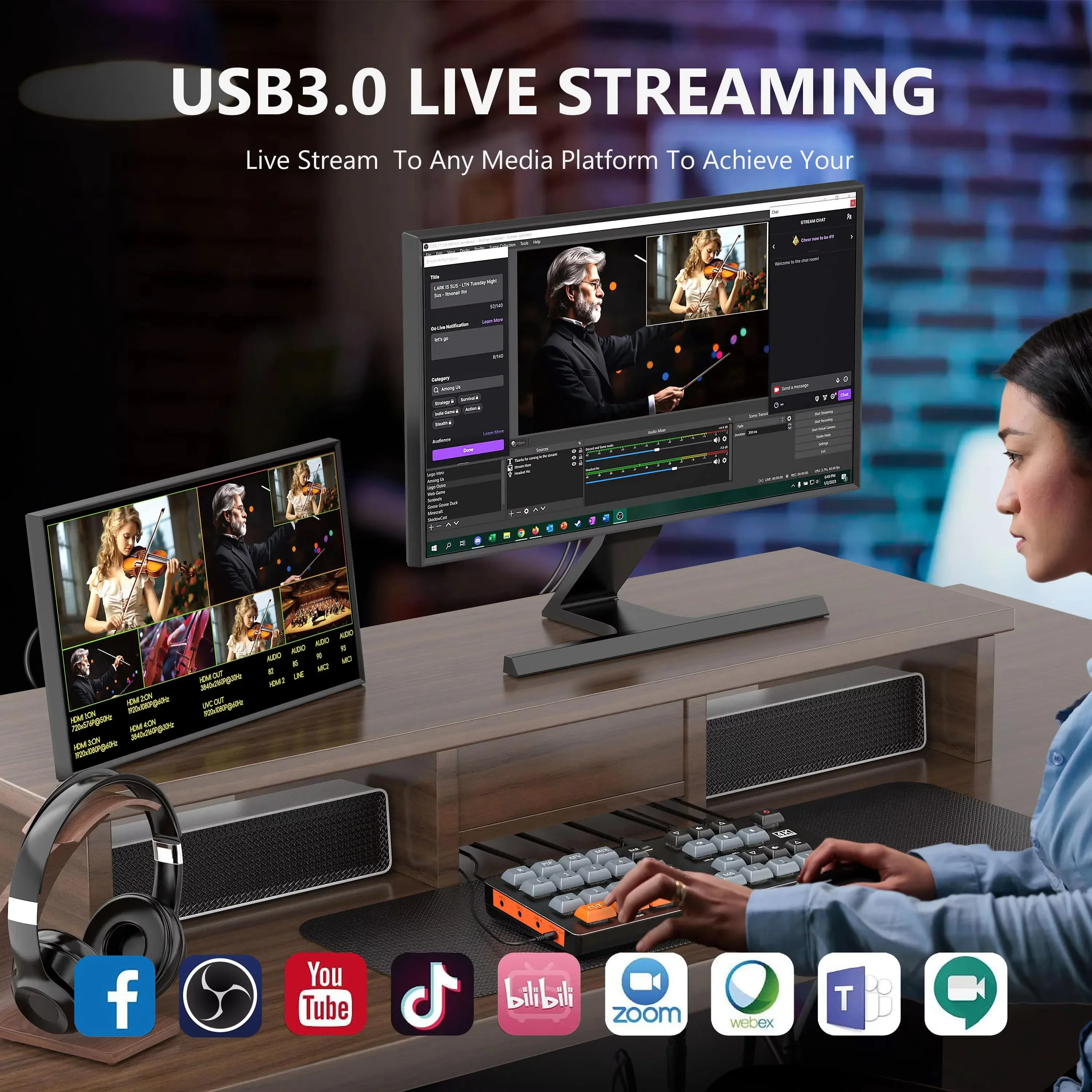 New SYONG 4 Channel Video Mixer Switcher Live Streaming Capture Card 4K Switcher Support Microphone Camera Livestream Equipment