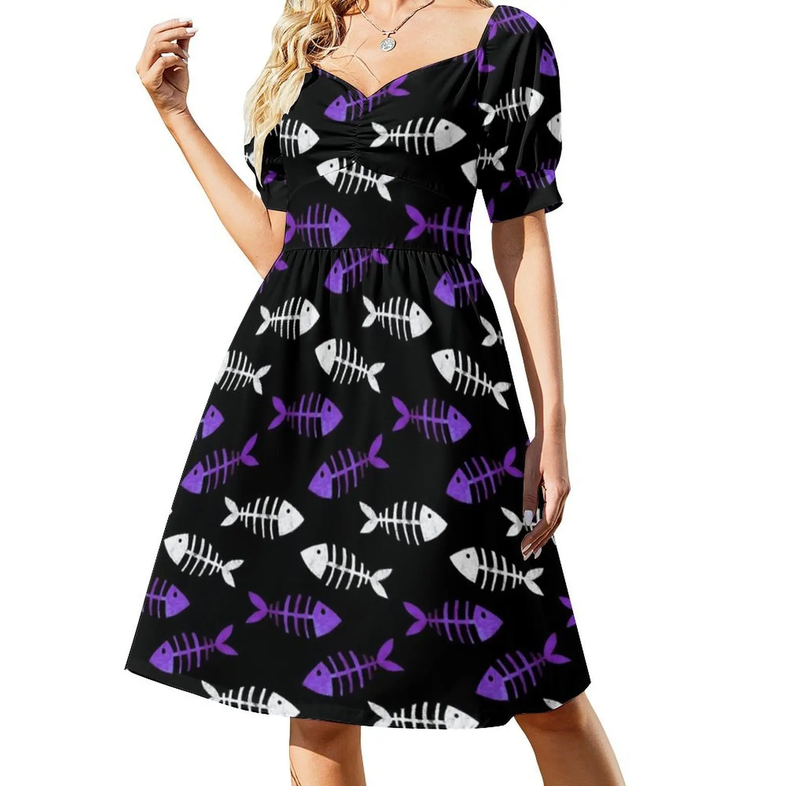 

Fish Bones Skeleton ( Purple ) Women's Streetwear Party Dress Trendy Print Club Clothing For Female Fish Fish Bones Fish