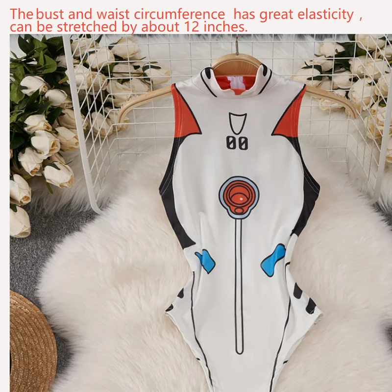 흰색 귀여운 달콤한 만화 인쇄 점프 슈트 하프 하이 칼라 민소매 스키니 란제리 Bodycon 바디 슈트 Rompers Catsuits Clothes