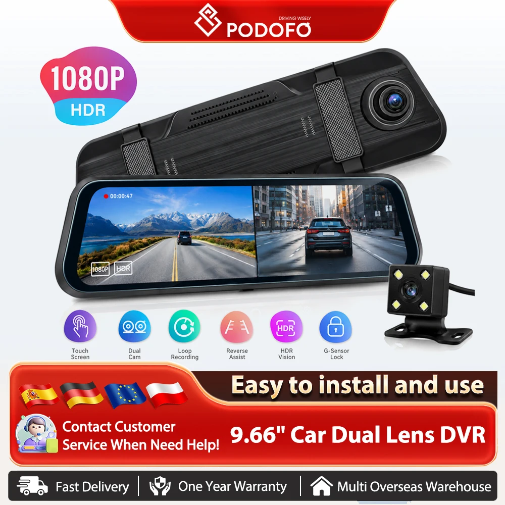 Podofo 9,66" 1080P Caméra de tableau de bord HD double objectif pour voiture avec écran tactile, enregistrement en boucle, vision nocturne, compensation d'exposition, caméra arrière et enregistreur vidéo arrière 480P