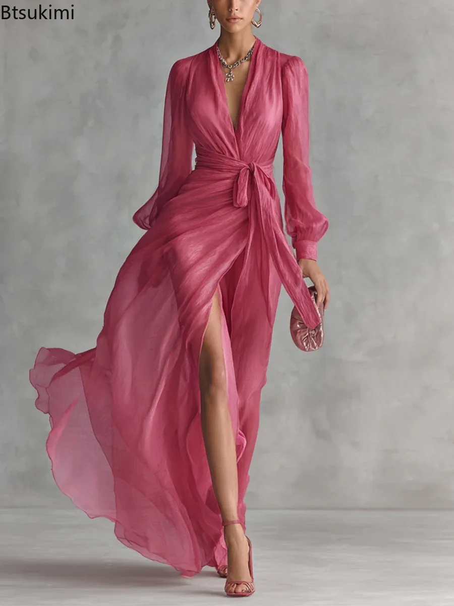 New Fashion Solid Color V-neck Party Long Dresses for Women Summer Elegant Long Sleeve Lace Up Maxi Dress Ladies Casual Vestidos view 5