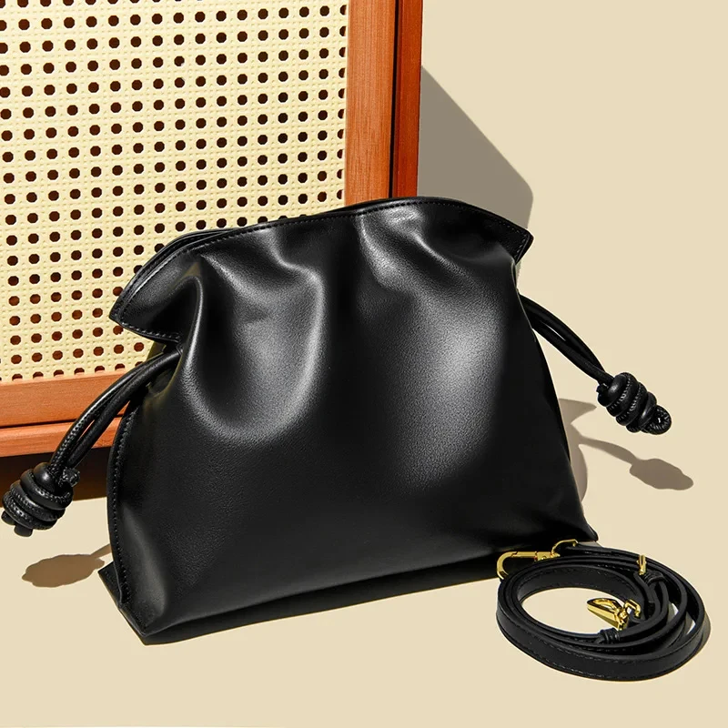 Brand Design Cowhide Lucky Bag Luxury Drawstring Long Shoulder Bag Crossbody Pleated Female Fashion Clutch Bucket Bag Roomy Bags