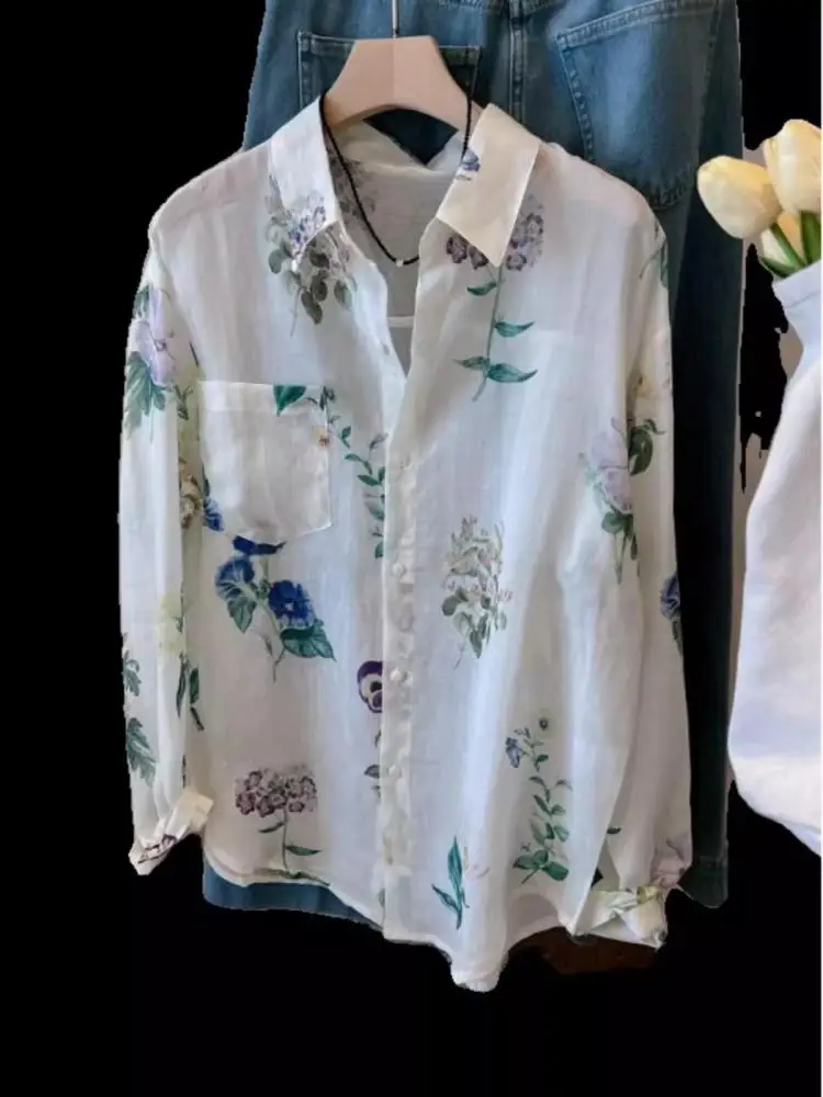 

Retro Women Beige Print Elegant Long Sleeve Shirt Spring Autumn 2025 Single Breasted Office Lady Tops Boho Vacation Blouses Chic