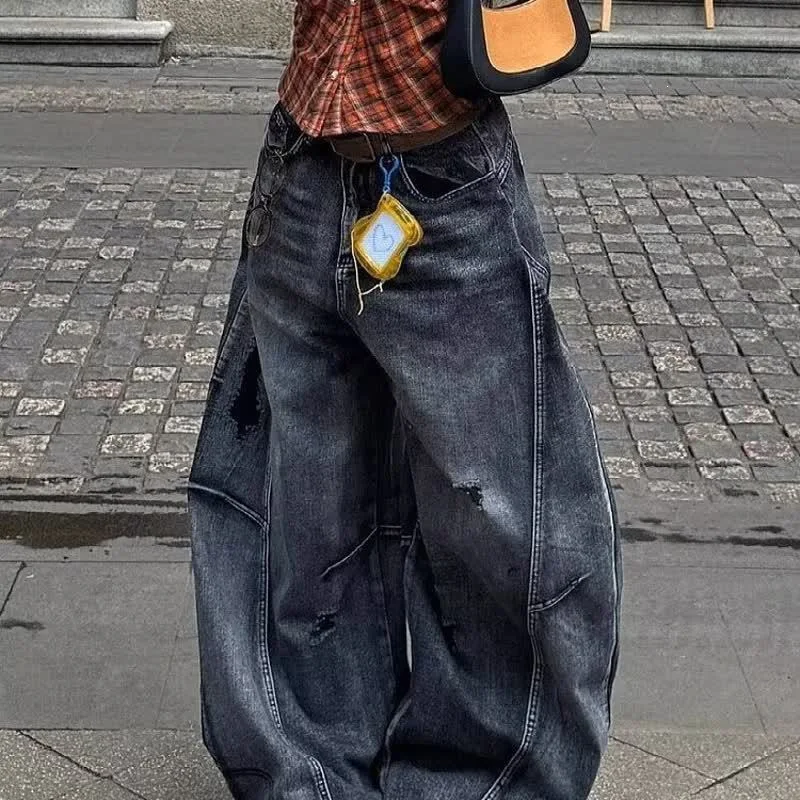 Men Cargo Jeans Loose Fit Distressed Denim Pants Patchwork Design Streetwear Casual Trousers Wide Leg Jeans