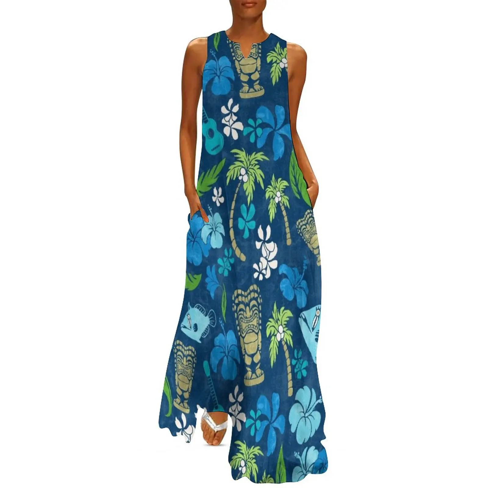 

Makapuu Beach Hawaiian Batik Print - Navy and Turquoise colorway Long Dress summer dresses for women 2025 cute dress