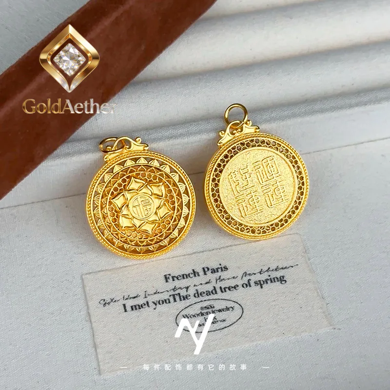 GoldNouveau Luxury 24K 9999 Pure Gold real gold Vintage Hollow Filament Lotus Compasses Pendant Necklace