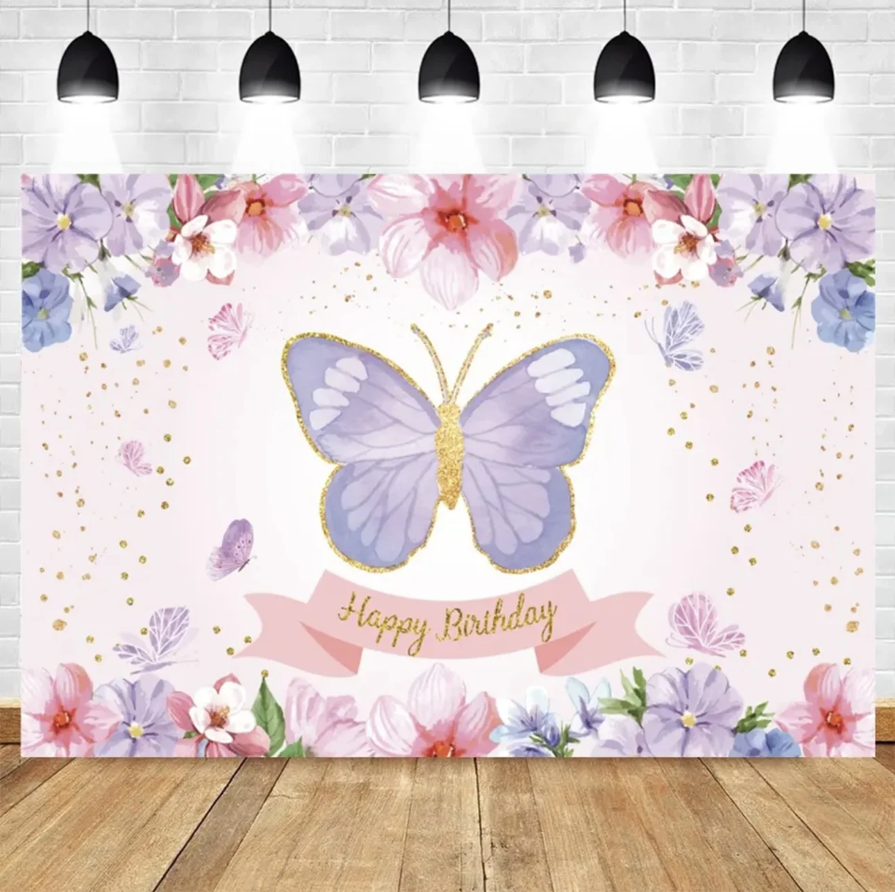 Cartoon Butterfly Backdrop Photography Girl First Birthday Party Flower Gold Dots Baby Shower Photo Background For Photo Studio