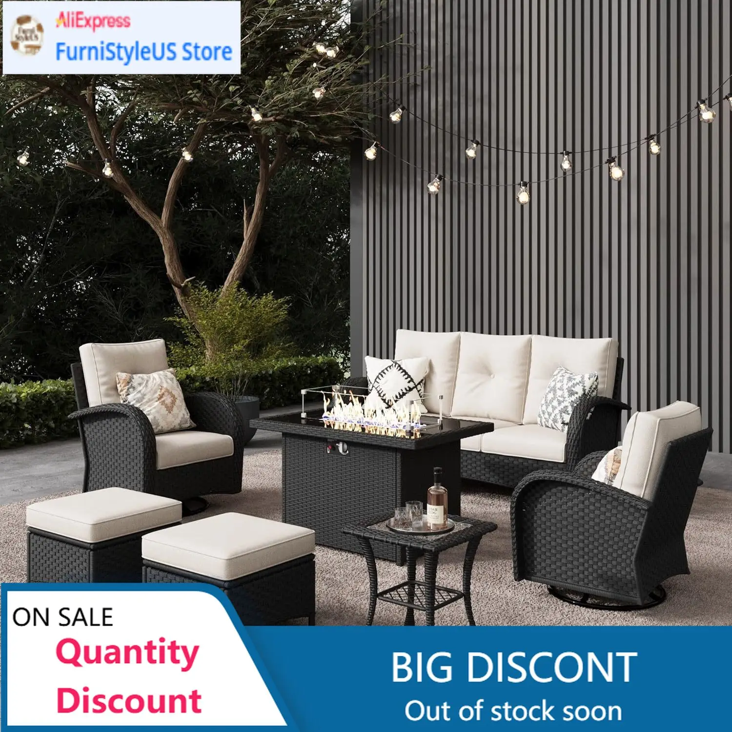 

Современный комплект садовой мебели из 7 предметов с плетеным столом-очагом и секционными вращающимися креслами-качалками из ротанга