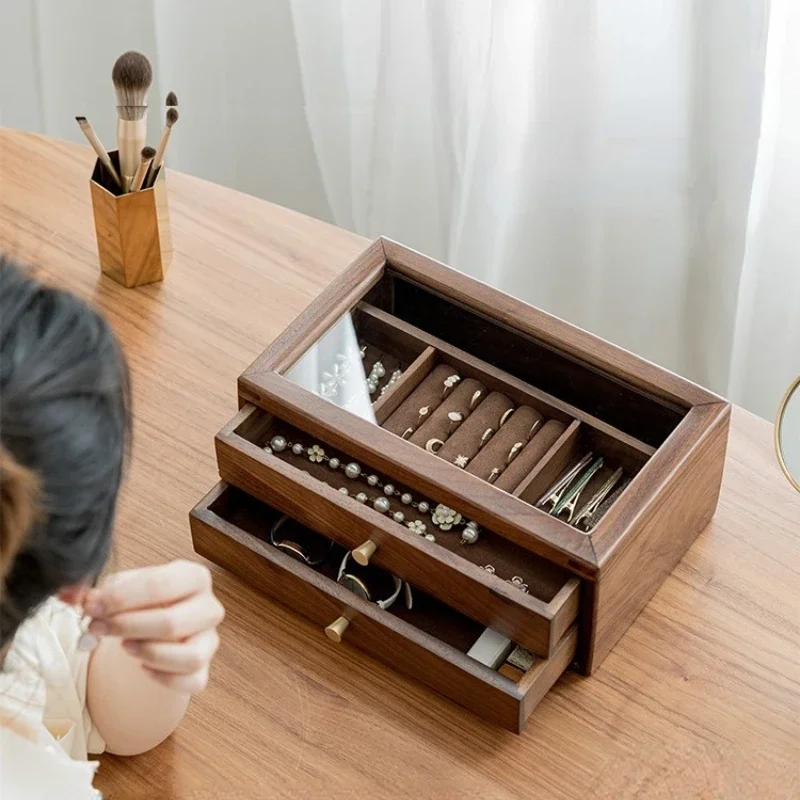 

Solid wood jewelry box high-grade Earrings Necklace storage box wooden drawer black walnut jewelry box