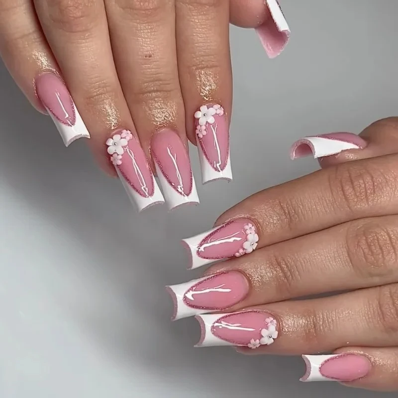 

24PCS Luxury Nude White Floral Fake Nails Square Coffin Press on Nails with Rhinestone French Tip Elegant Removable False Nails