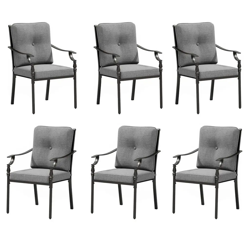 

Outdoor Steel Dining Chairs Set of 6, HeavyDuty Rustproof Black Wrought Iron Armchairs with Cushions, Large Seating Furniture f
