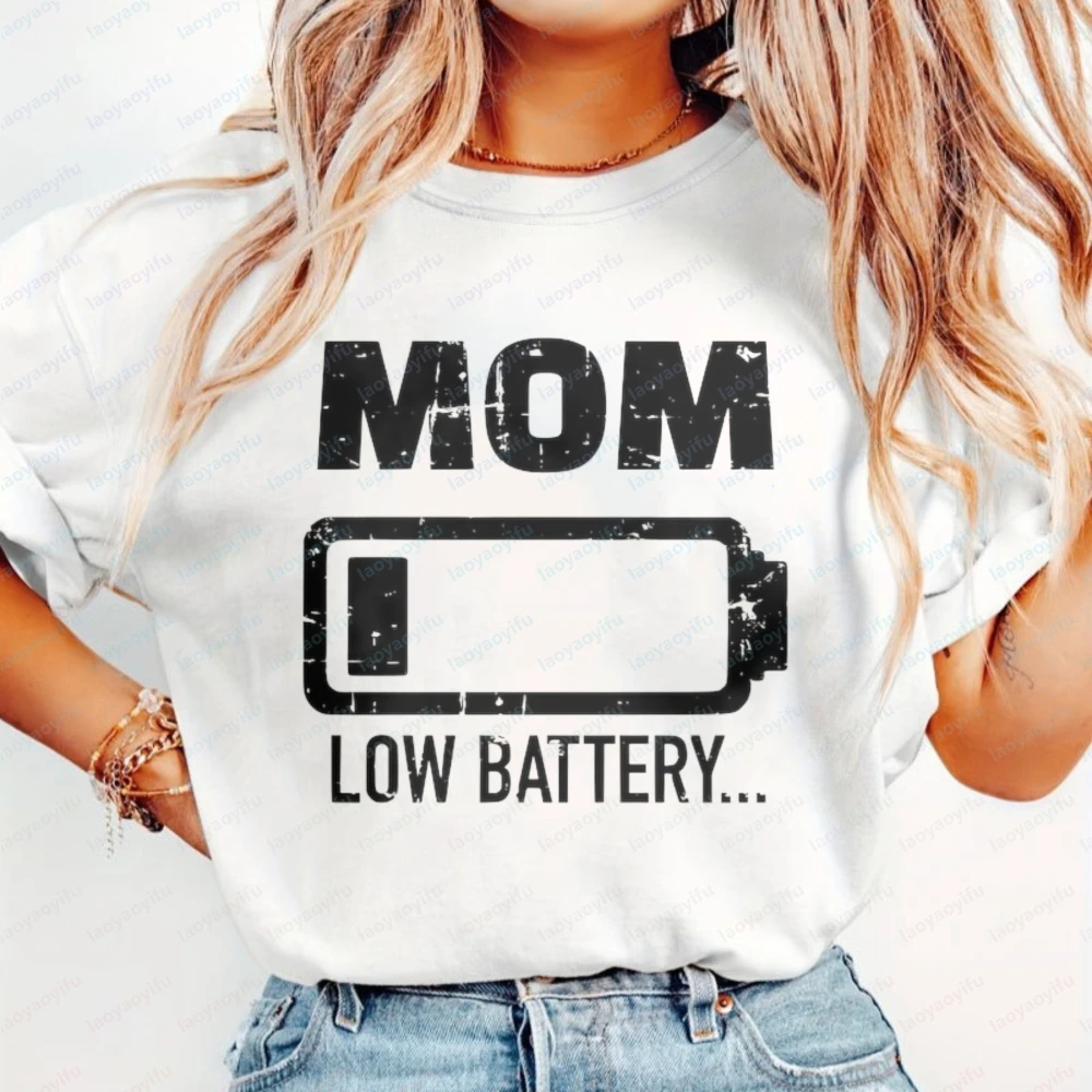 

Mom Low Battery Graphic Print Cotton T-Shirt Funny Simple Mother's Day Gift Retro Casual Summer Trendy Tops for Women Ropa Mujer