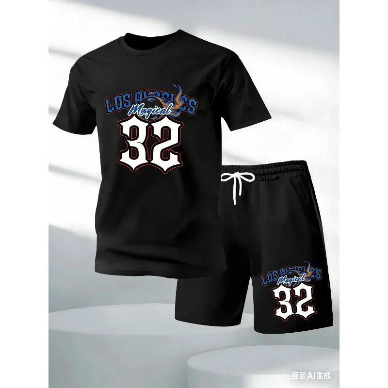 

Two Pieces Set New York Number 32 Prints T-Shirts Pants Mens O-Neck Oversized Soft Tops High Waisted Pocket Male Shorts