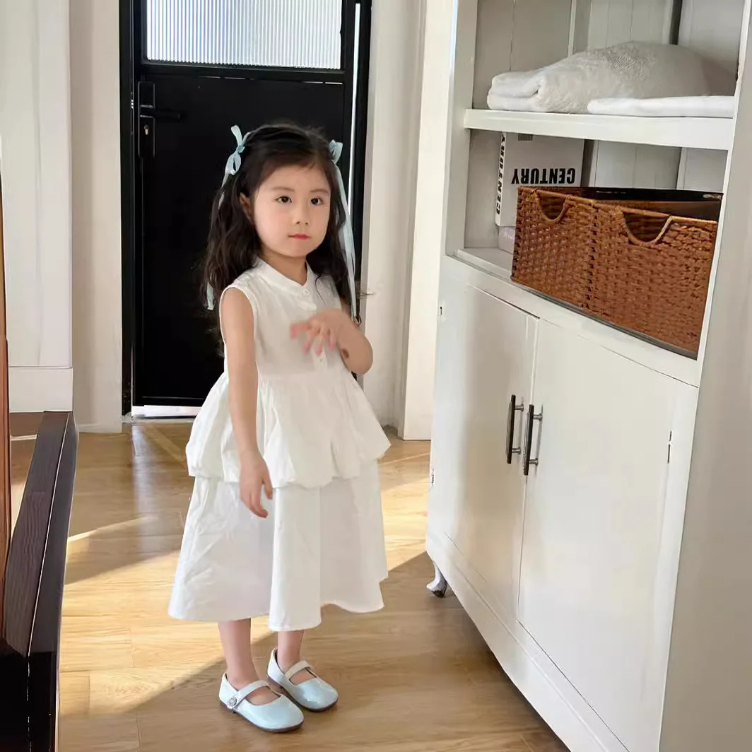 Girls Summer Dress 2024 New Korean Style Children Solid Color Cute Dress Female Treasure Cotton Small Fresh Skirt Clothes