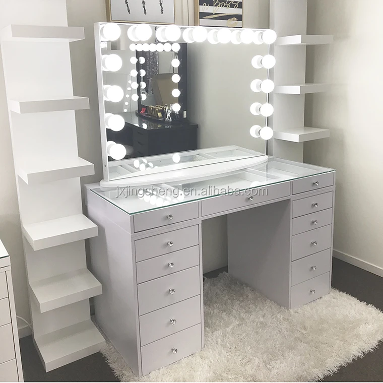 1pc Stylish White Wood Panel Led Light Dressing Table Anti-Scratch Surface Removable Lighted Mirror for Bedroom Furniture