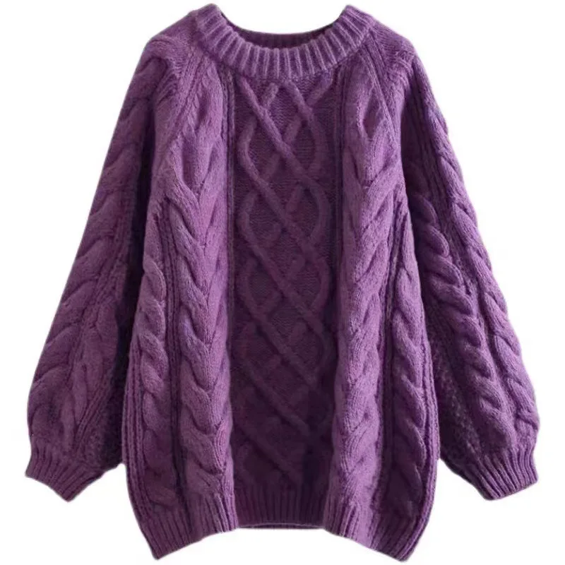 Autumn  New Solid Color Soft Waxy Sweater Women's Loose Thick Twist Pullover Lazy Wind Outside Knitted Sweater Medium and Long